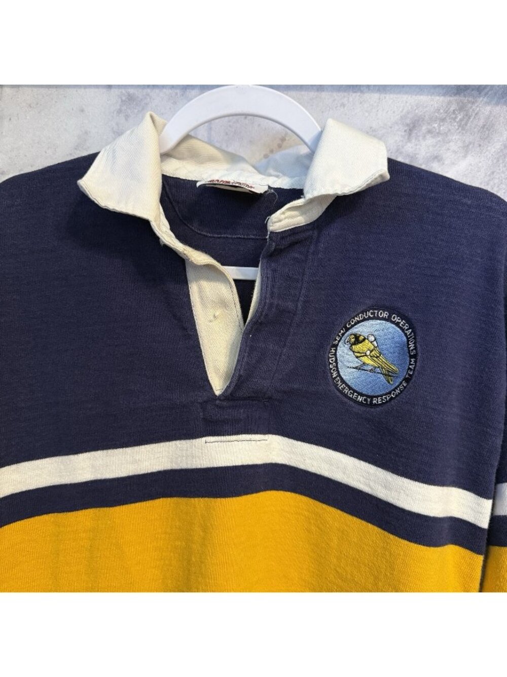 Vintage Barbarian Rugby Shirt Mens XL Blue Yellow Color Block Long Sleeve